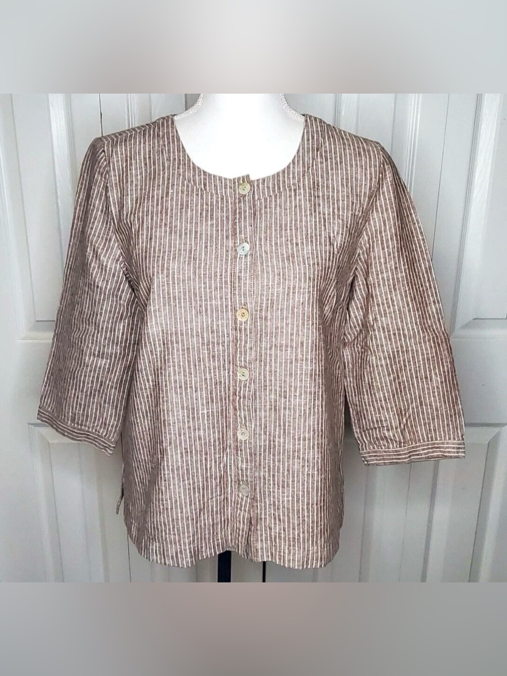 Lagenlook Linen Blend Top 3/4 Sleeve Brown/White Pinstriped Shirt Womens 2X